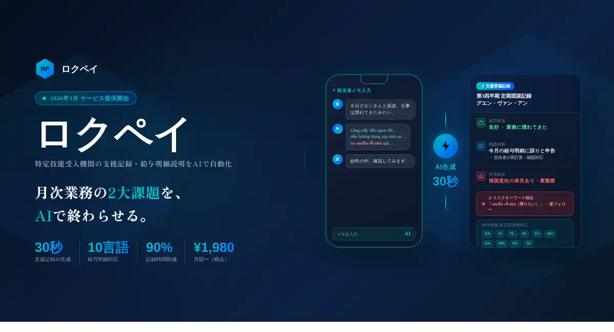 特定技能受入機関の「支援記録作成」と「給与明細多言語説明」をAIで自動化するSaaS「ロクペイ」提供開始
