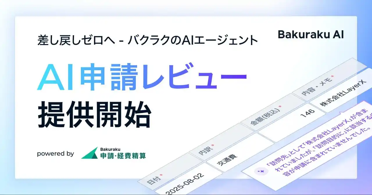 【LayerX】 差し戻しゼロへ。バクラク、AIエージェント「AI申請レビュー」をリリース。AIが自社の規定・ルールに基づき経費精算申請を即時レビュー
