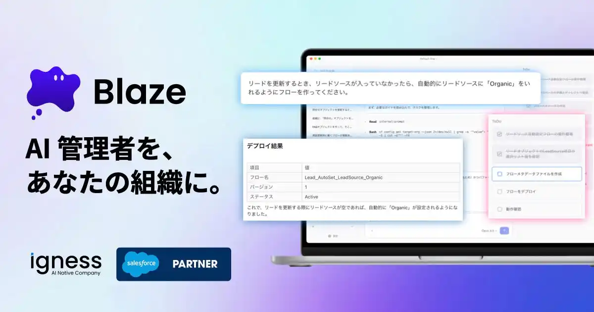 【イグネス株式会社】Salesforce Agentforce のための管理者向けAIエージェントアプリケーション「Blaze」の提供開始を発表