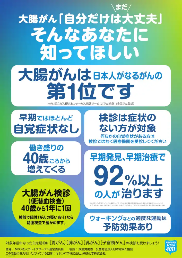【特定非営利活動法人ブレイブサークル運営委員会】 あなたに知ってほしい、大腸がんは日本人がなるがんの第1位です　「自分だけはまだ大丈夫」検診先送りが心配です