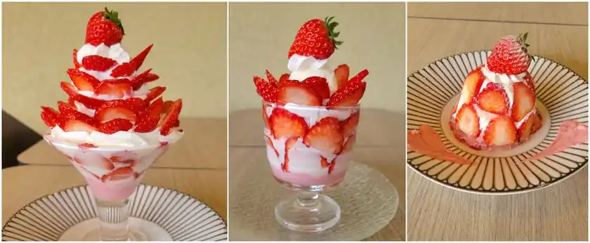 左から)いちごな至福パフェ・いちごなチーズドーム・いちごなミニパフェ
