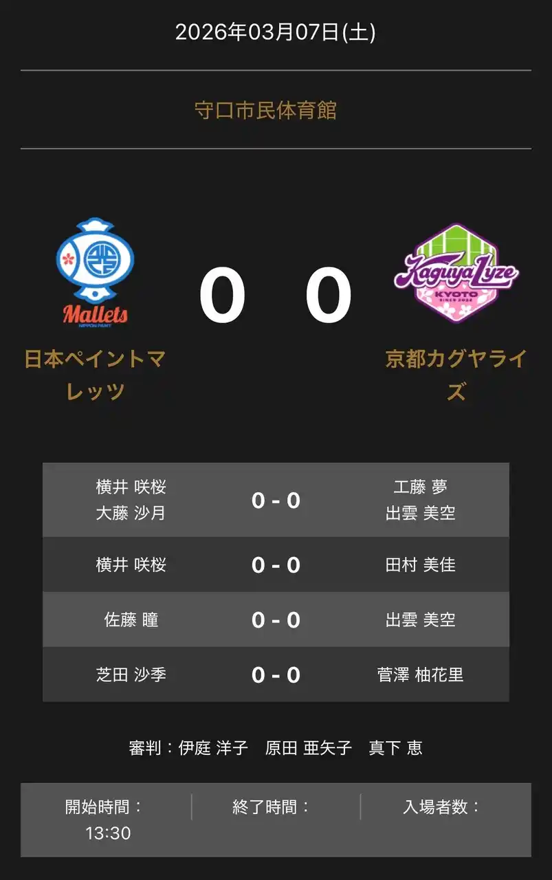 【卓球のＴリーグ】 ノジマＴリーグ 2025-2026 公式戦 3月7日開催 日本ペイントマレッツ vs 京都カグヤライズ 対戦オーダー発表