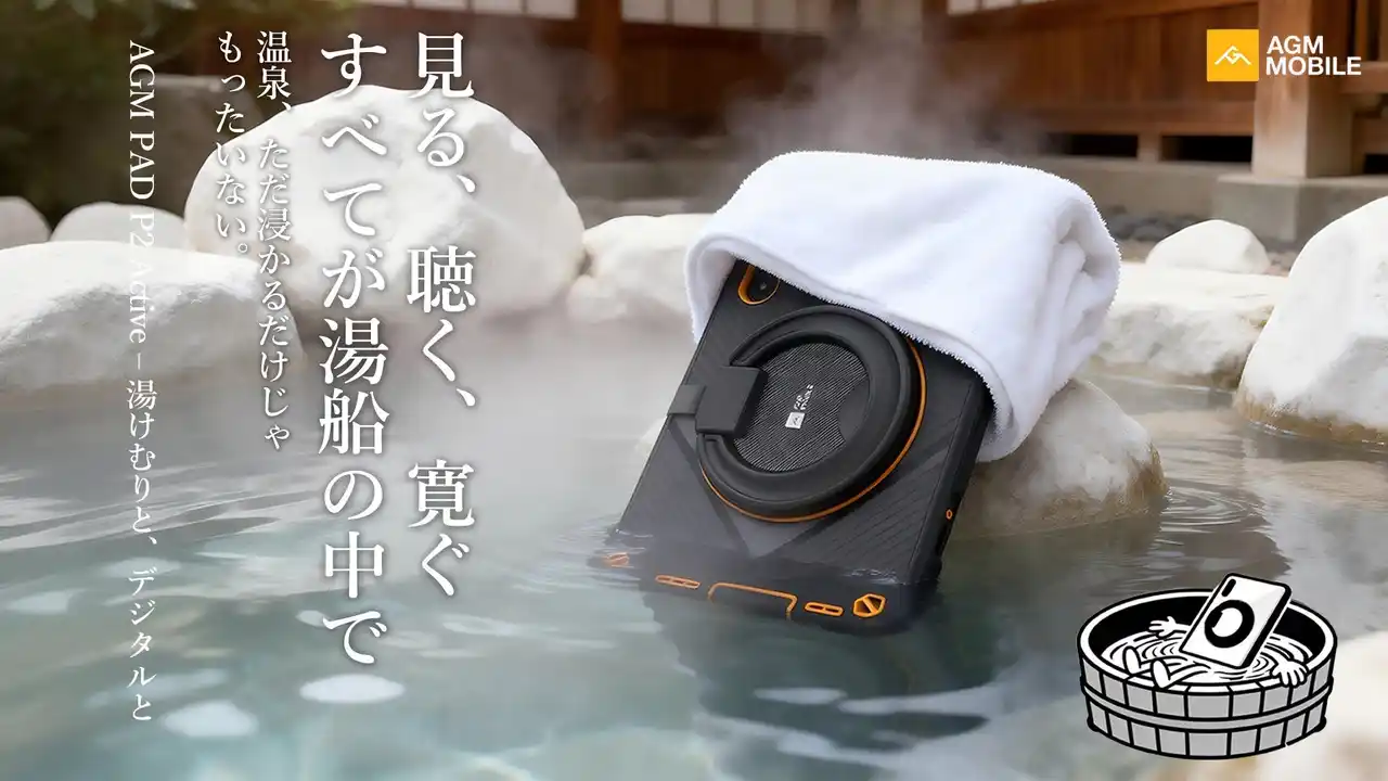 【AGM Mobile Limited】 温泉でも、熱い湯気の浴室でも。AGM PAD P2 Activeがかなえる、離れないデジタル憩い