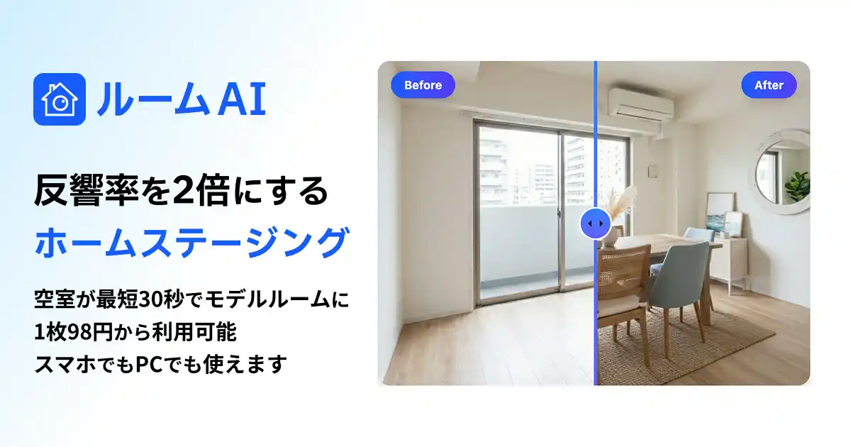 【株式会社クロスエッジ】 【業界最安級】1枚98円～で空室がモデルルームに。AIホームステージング「ルームAI」提供開始。 ～反響率114%増*の期待も。月額9,800円の定額制で、仲介・管理会社の「客付力」を底上げ～
