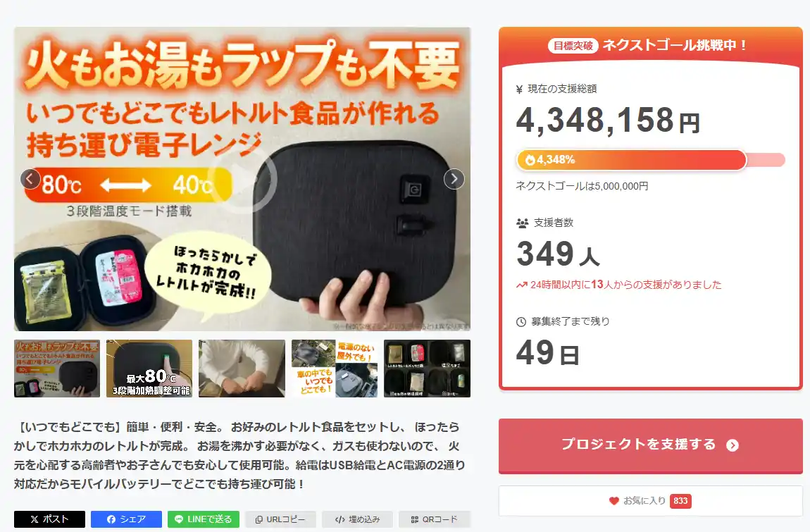 【SENM株式会社】 クラファン初日で目標達成！ネクストゴール挑戦中。【加熱温度最高80℃】火もお湯もラップも使わずレトルト食品がつくれる「いつでもどこでもレトルト」