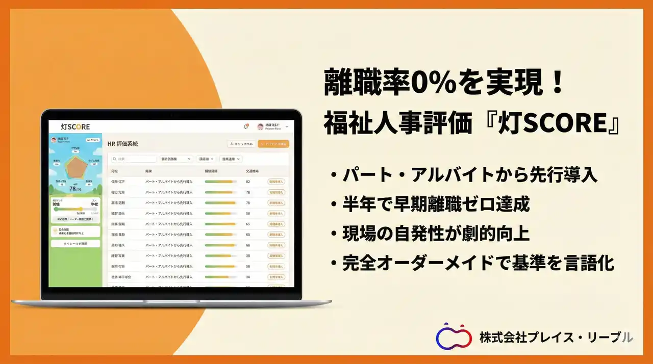 【株式会社プレイス・リーブル】 現場の「頑張っても報われない」をシステムで解決。正社員よりパートを優先評価し、半年で離職率0%を実現した組織改革クラウド『灯SCORE』を株式会社プレイス・リーブルが提供開始
