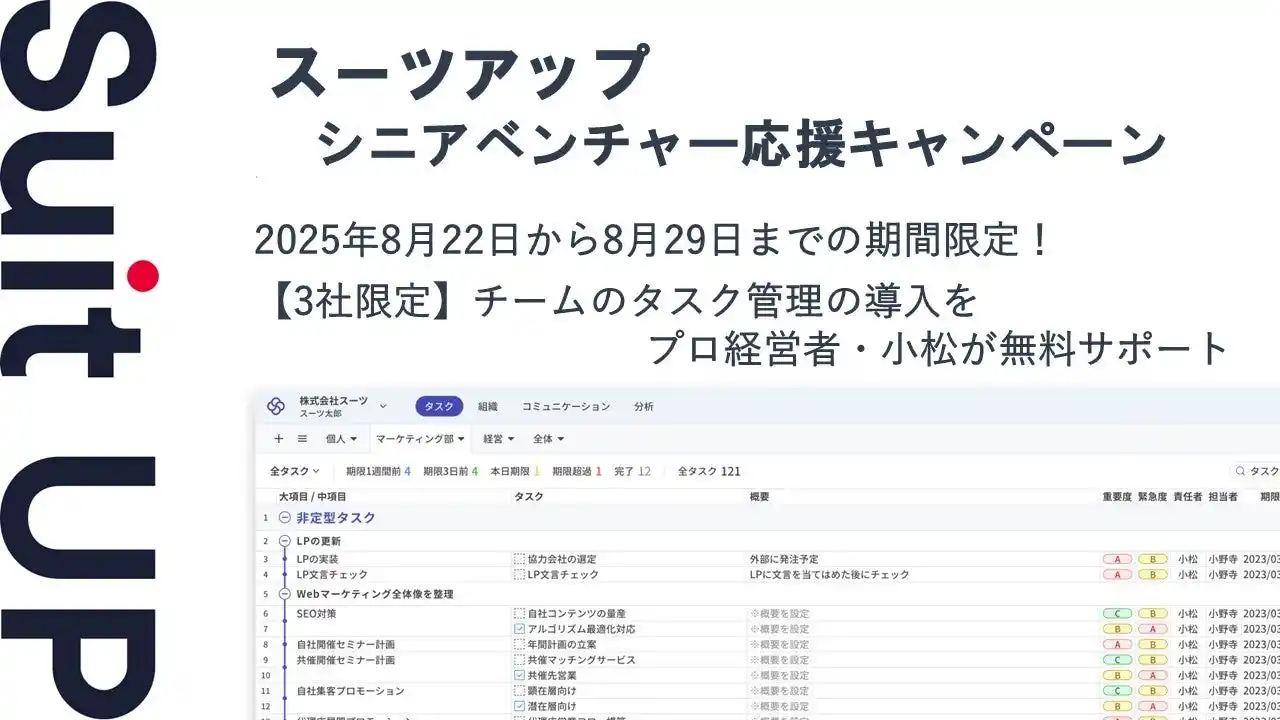 【スーツ】 チームのタスク管理・プロジェクト管理ツール「スーツアップ」、シニアベンチャー応援キャンペーン