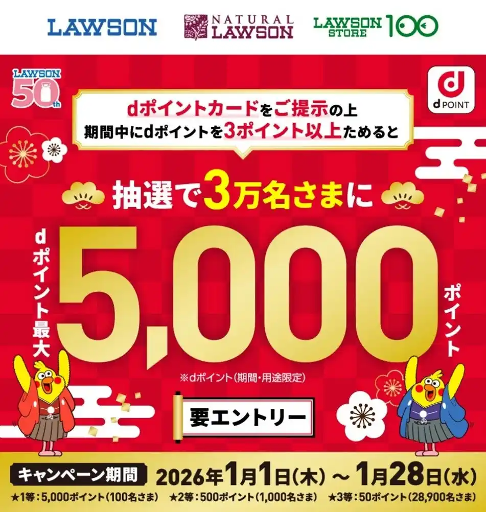 【株式会社NTTドコモ dポイント】 ローソンにおいて「抽選でdポイント最大5000ポイント進呈キャンペーン」を開催
