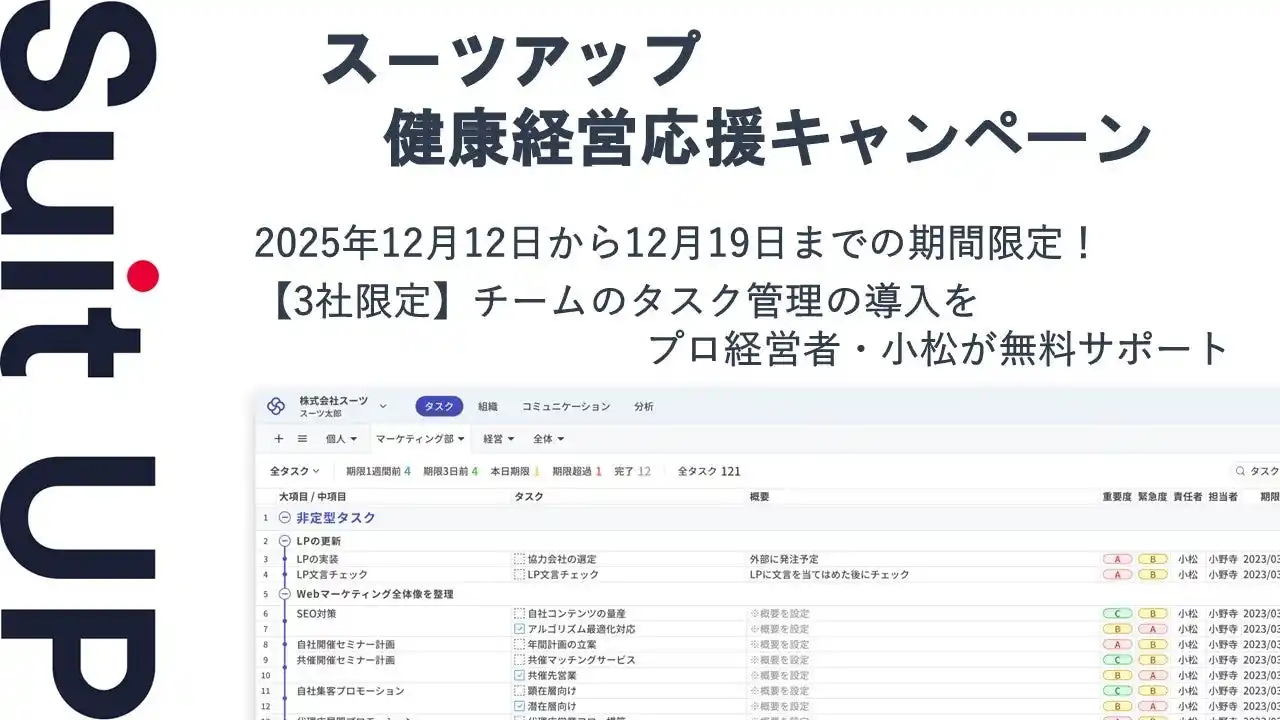 【スーツ】 チームのタスク管理・プロジェクト管理ツール「スーツアップ」、健康経営応援キャンペーン