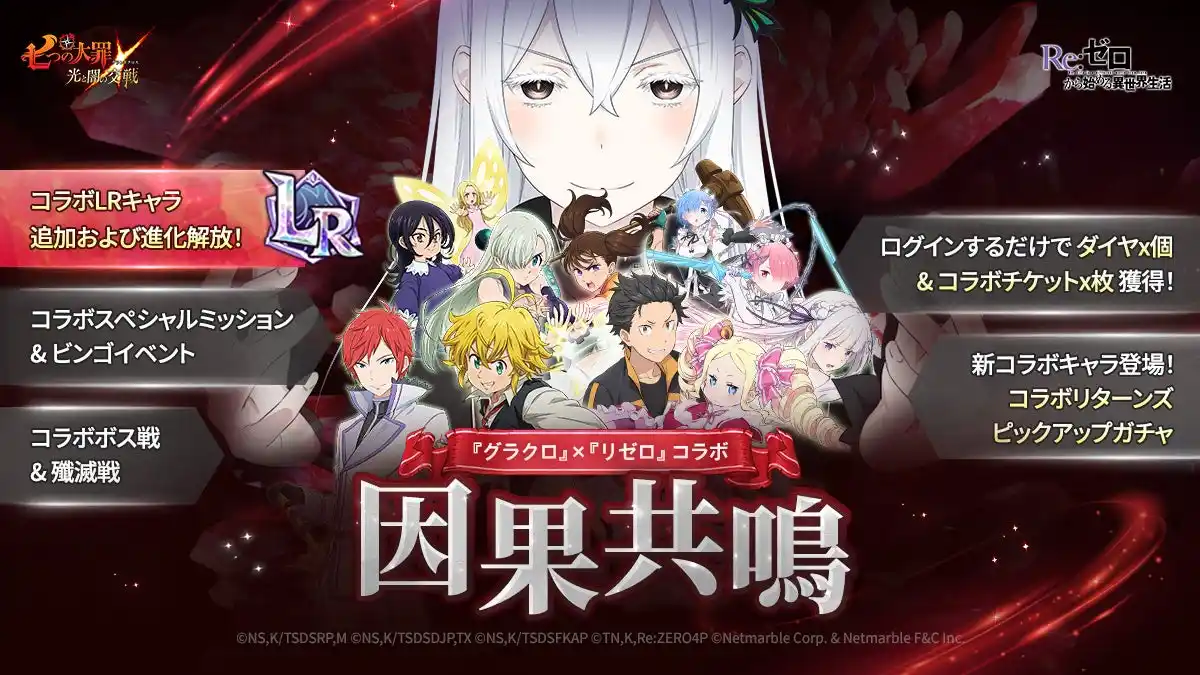 【Netmarble Corp.】 『七つの大罪 ～光と闇の交戦～』×『Re:ゼロから始める異世界生活』コラボ～因果共鳴～開催！新規コラボキャラ【リゼロ】スバル＆ベアトリス、【リゼロ】氷結の魔女 エミリア、【リゼロ】太陽姫 プリシラ登場
