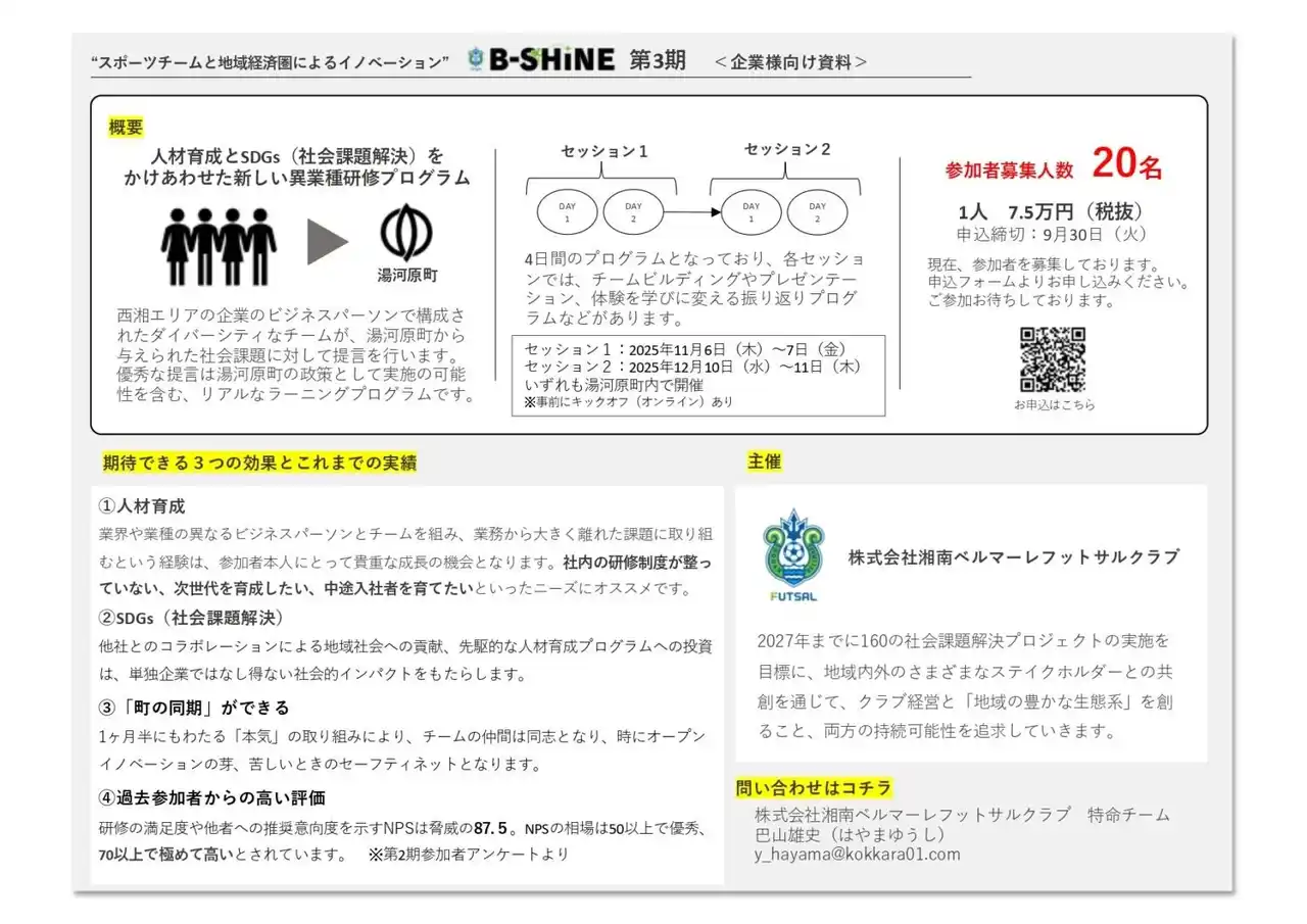【湘南ベルマーレフットサルクラブ】 B-SHINE第3期～人材育成とSDGs（社会課題解決）をかけあわせた新しい異業種研修プログラム～ 募集開始のお知らせ