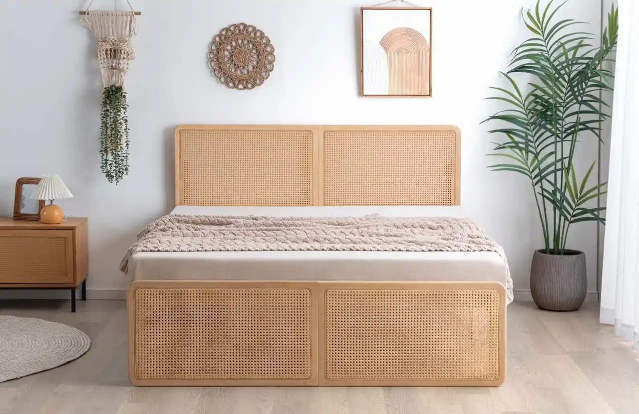 【タンスのゲン】 ヘッド＆フットボードのラタンが映えるベッドが登場！天然木×ラタン調デザインで始める心地よい新生活