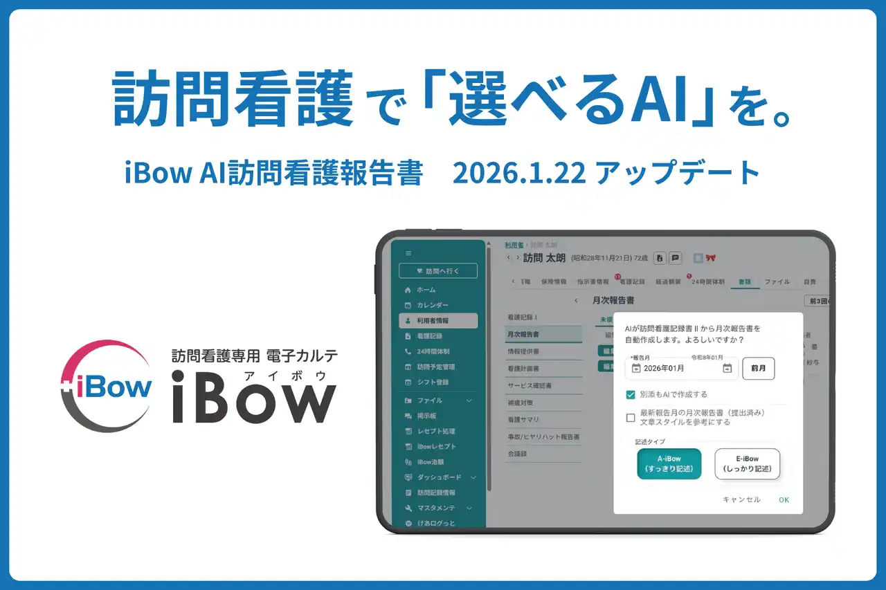 【株式会社eWeLL】 プロの知見を活かして「選ぶAI」へ。訪問看護専用電子カルテ「iBow」、AI訪問看護報告書を大幅アップデート