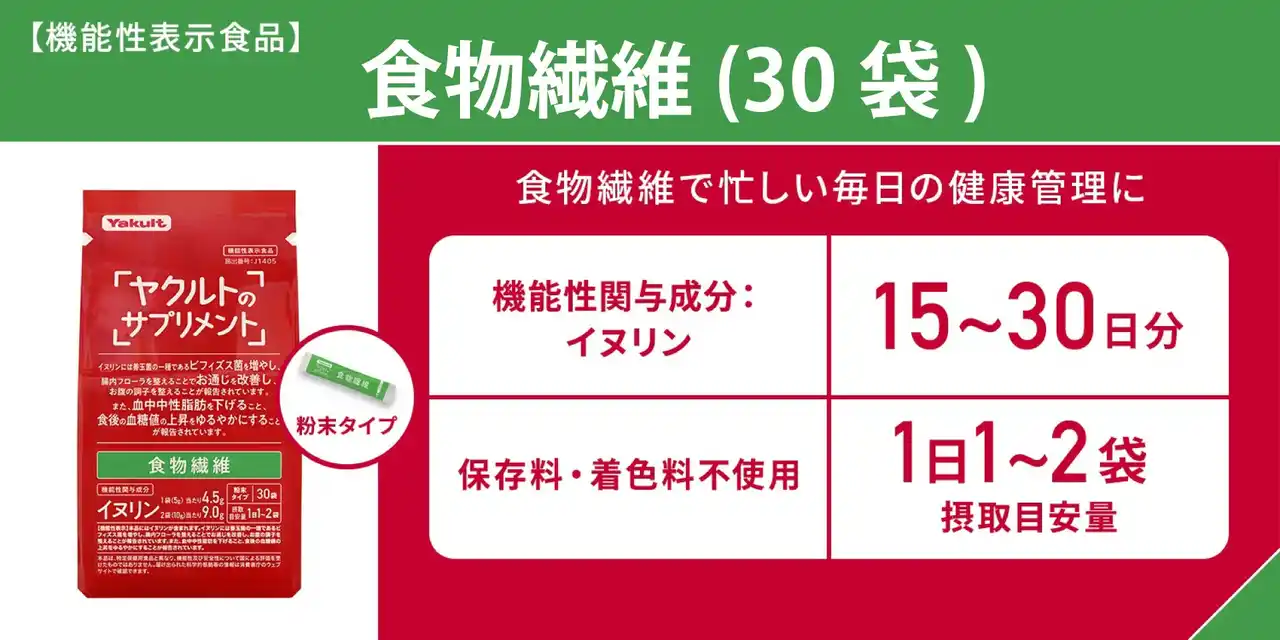 【ヤクルトヘルスフーズ株式会社】 お腹の調子を整えるだけじゃない！３つの機能で健康サポート「食物繊維（３０袋）」１月５日Amazonで発売