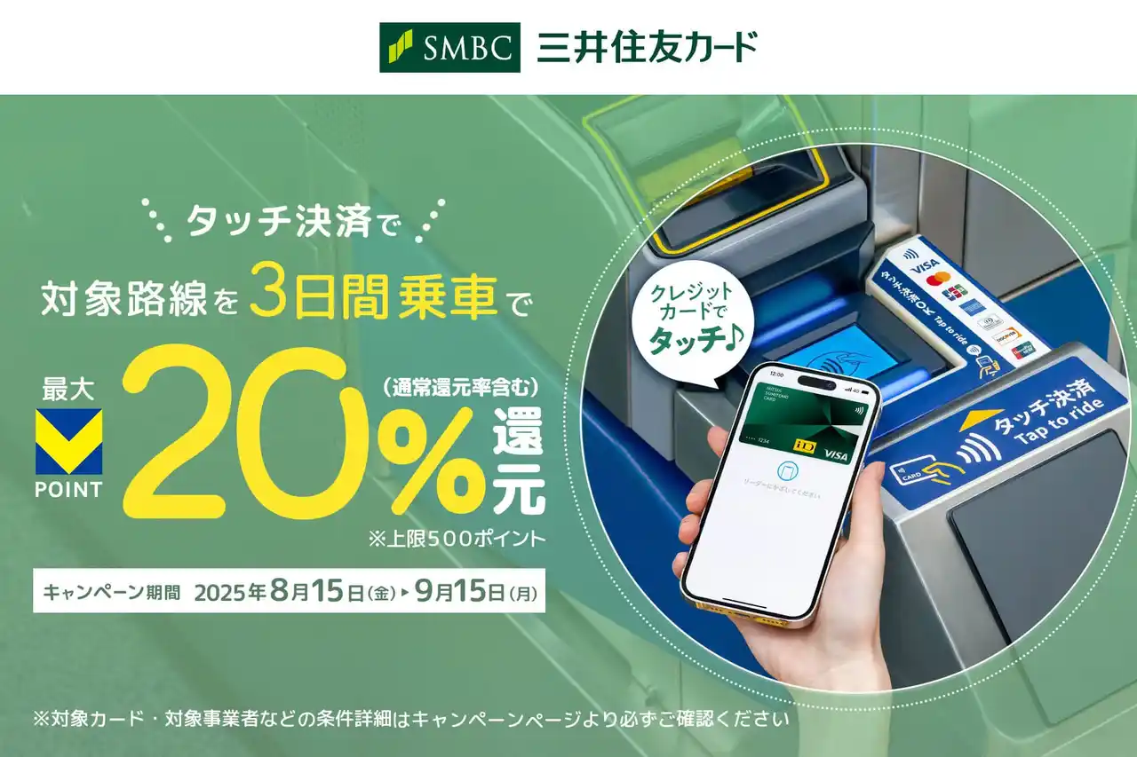 【三井住友カード株式会社】 三井住友カード「タッチ決済で対象路線を３日間乗車すると、最大20％ポイント還元キャンペーン！」を実施
