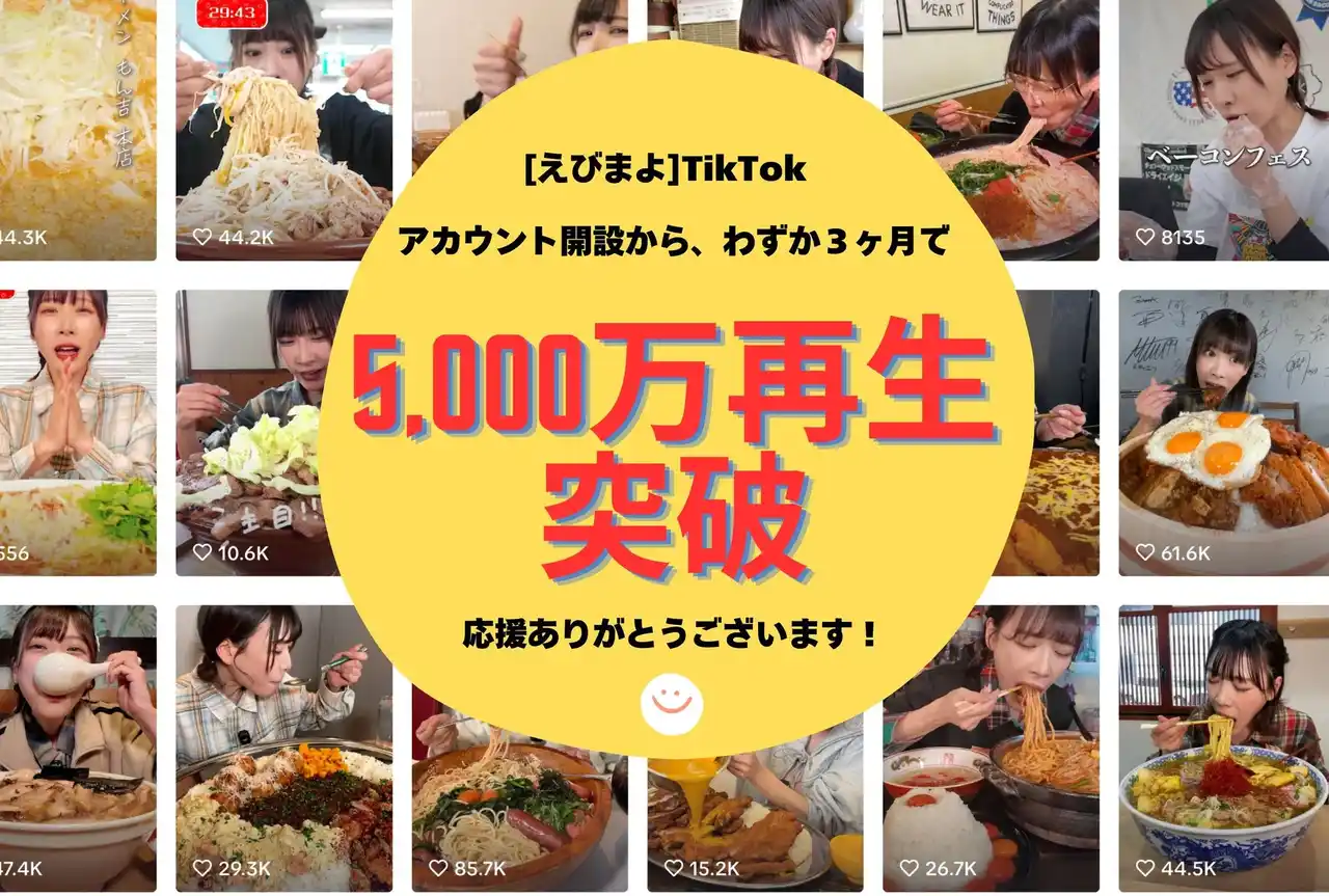 大食い女王・海老原まよい（えびまよ）がTikTok開設から3ヶ月で5,000万回再生を突破！