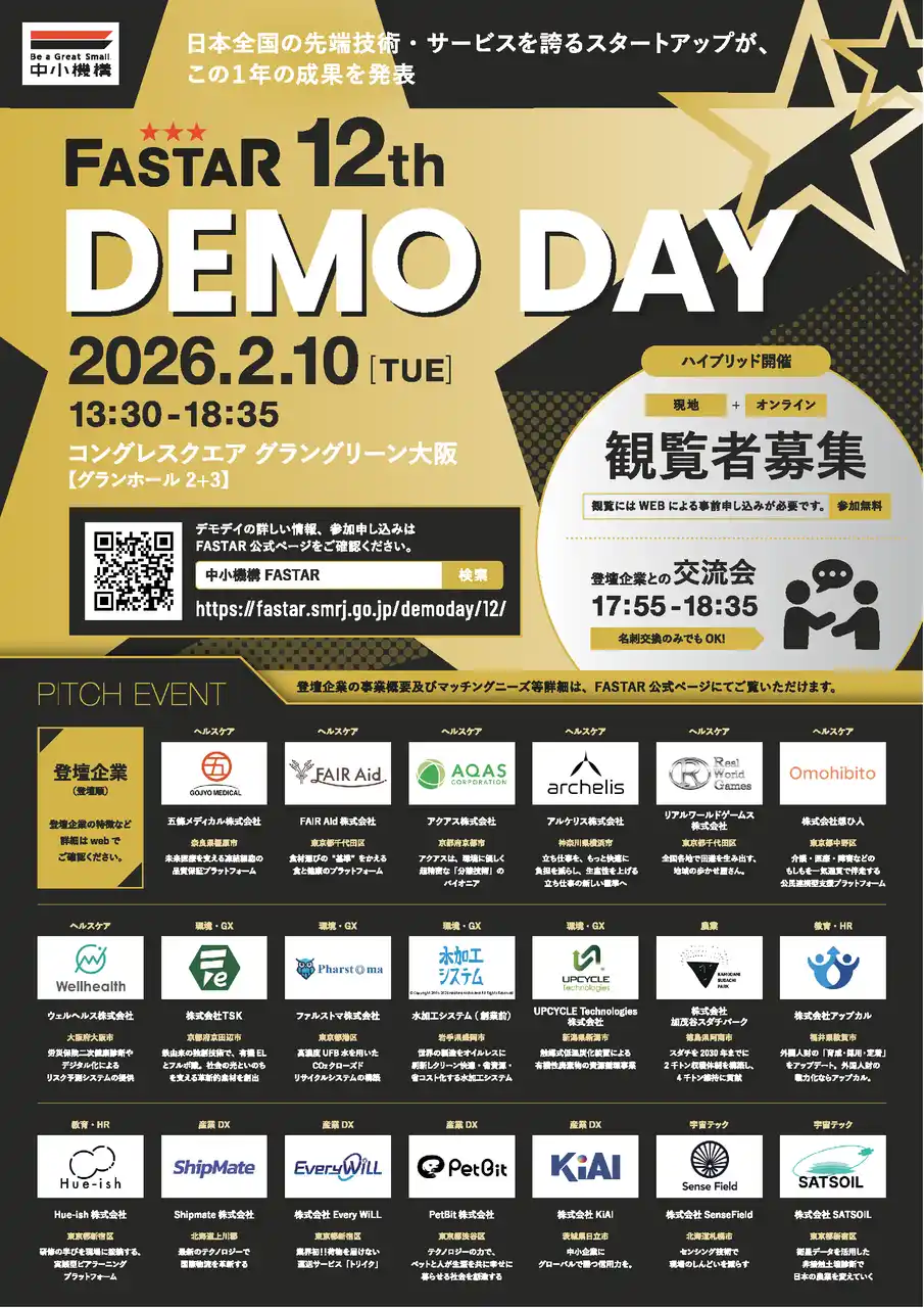 【中小機構】 スタートアップの資金調達や事業提携のマッチング機会を提供するFASTARピッチイベント「FASTAR 12th Demo Day」2月10日開催