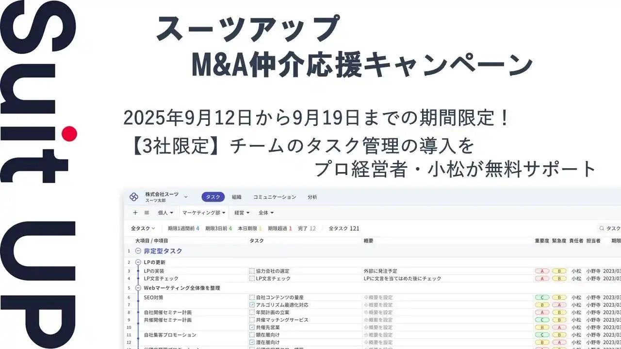 【スーツ】 チームのタスク管理・プロジェクト管理ツール「スーツアップ」、M&A仲介応援キャンペーン