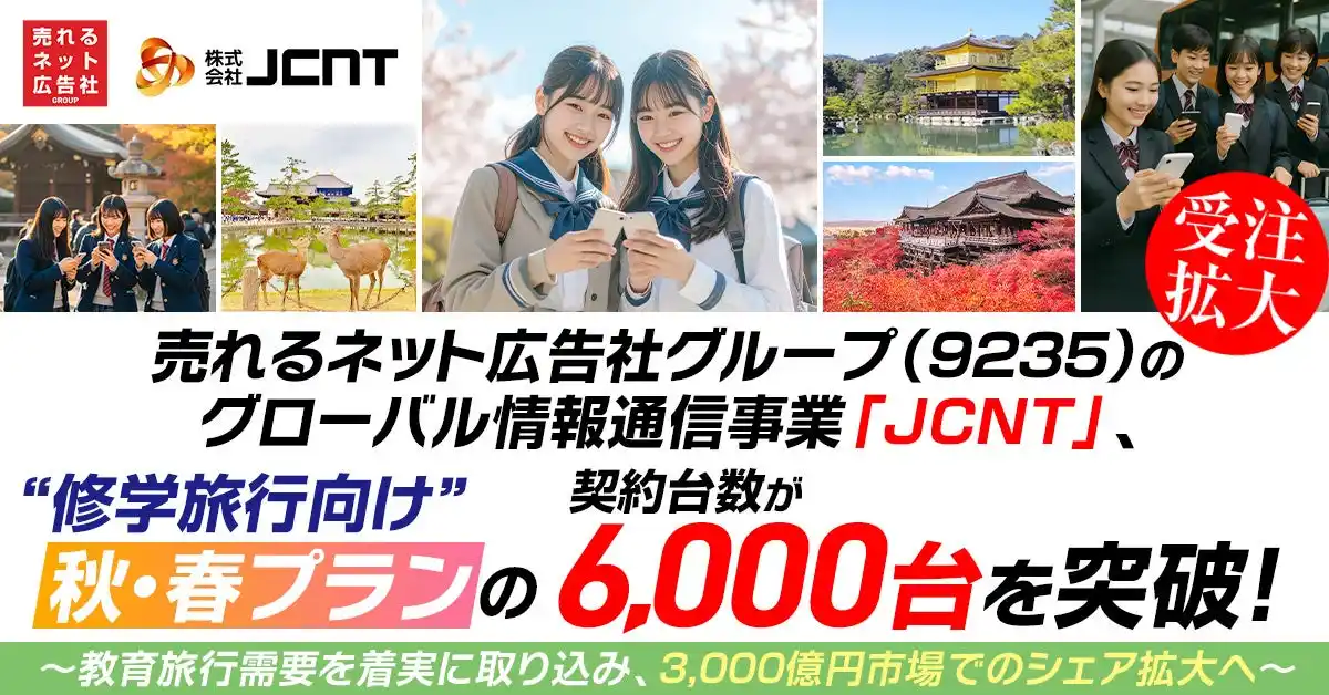 【売れるネット広告社グループ株式会社】 【受注拡大】売れるネット広告社グループ（9235）のグローバル情報通信事業「JCNT」、“教育旅行向け”秋・春プランの契約台数が6,000台を突破！