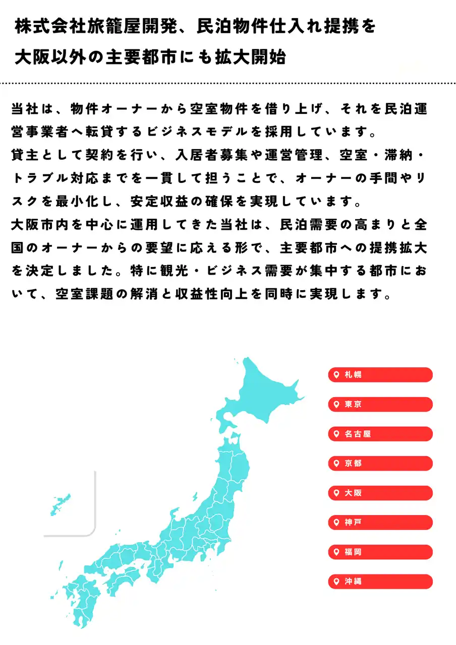【株式会社旅籠屋開発】 株式会社旅籠屋開発、民泊物件仕入れ提携を大阪以外の主要都市にも拡大開始