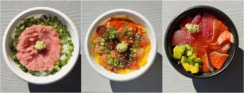 左から)ネギトロ丼／まかない丼／まぐろサーモンアボカ丼