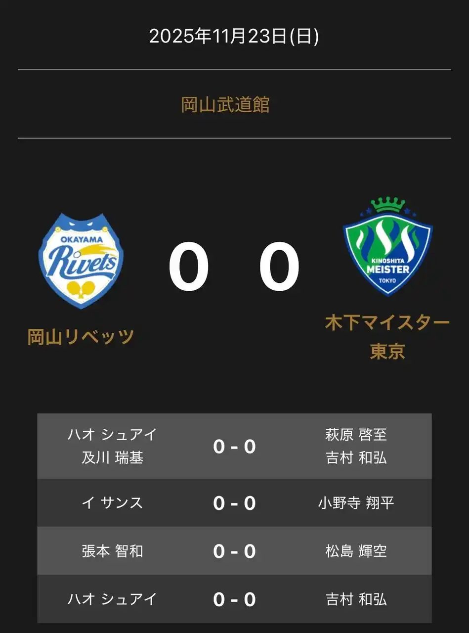 【一般社団法人Ｔリーグ】 ノジマＴリーグ 2025-2026シーズン 公式戦 11月23日(日)開催 岡山リベッツ vs 木下マイスター東京 対戦オーダー発表