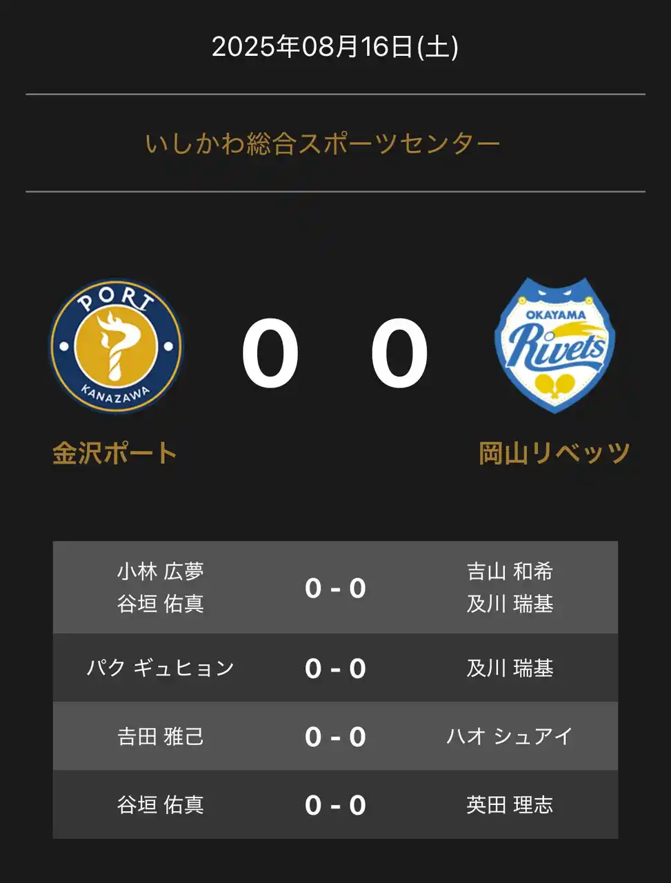 【卓球のＴリーグ】 ノジマＴリーグ 2025-2026シーズン 公式戦 8月16日開催 金沢ポート vs 岡山リベッツ 対戦オーダー発表