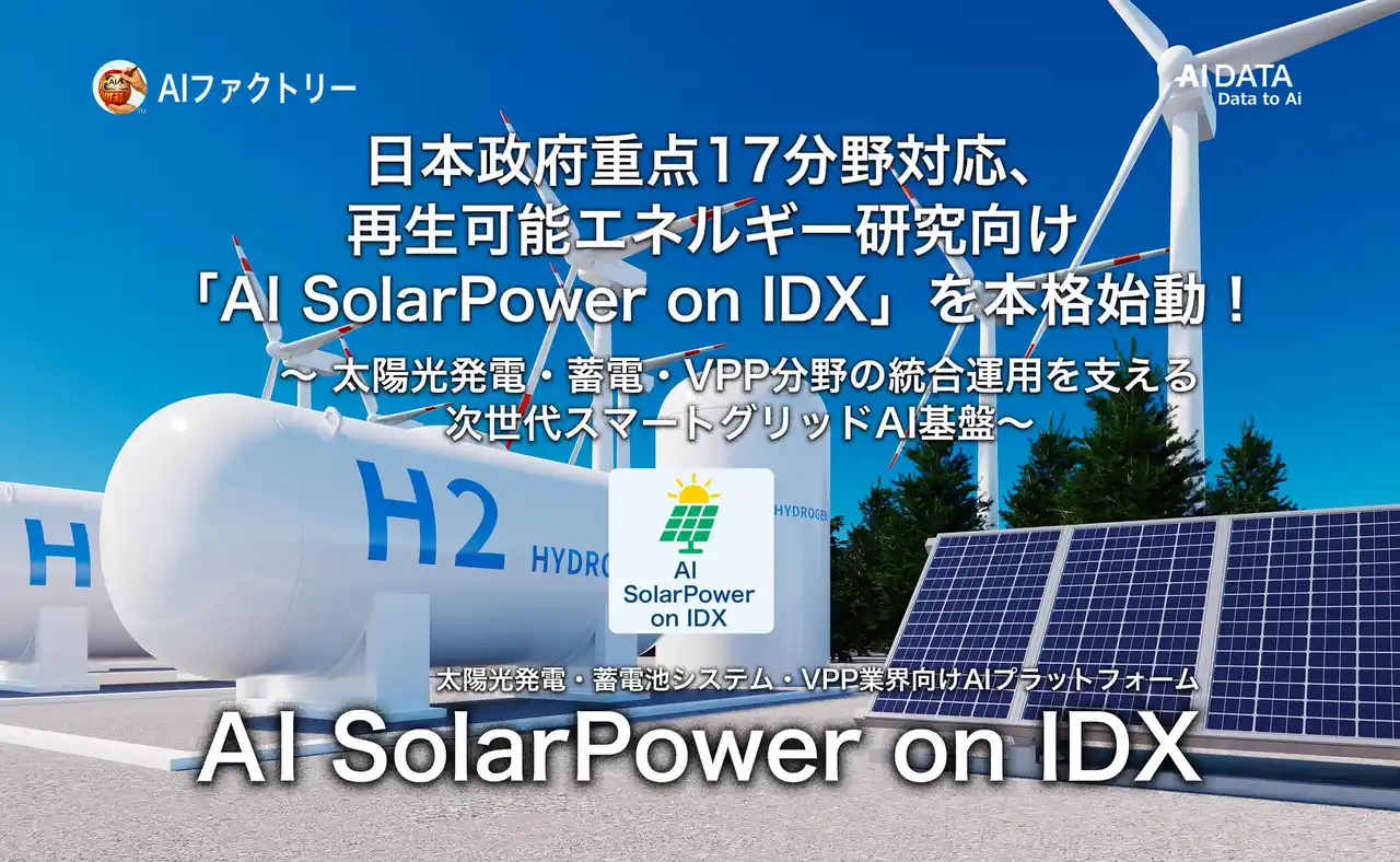 【AIデータ株式会社】 日本政府重点17分野対応、再生可能エネルギー研究向け「AI SolarPower on IDX」を始動！ ～AIデータ社、太陽光発電・蓄電・VPP分野の統合運用を支える～