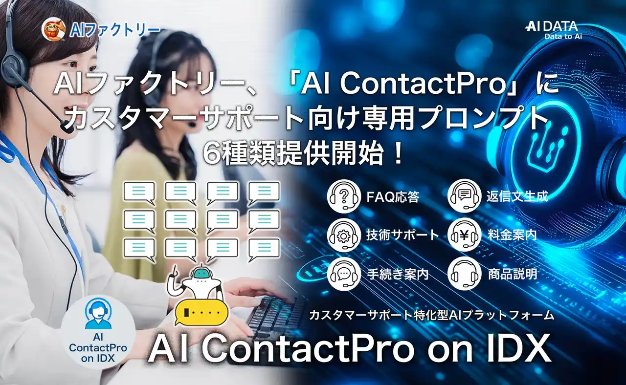 【AIデータ株式会社】 AIファクトリー、「AI ContactPro on IDX」にカスタマーサポート向け専用プロンプト6種類提供開始。FAQ応答から技術サポートまで、用途別プロンプトで応答品質を向上