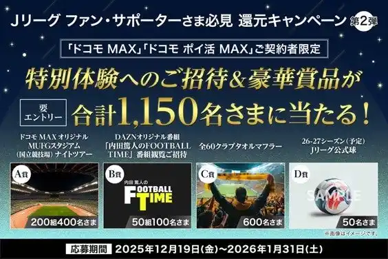 【株式会社NTTドコモ】 「ドコモ MAX」「ドコモ ポイ活MAX」ご契約のお客さま限定！MUFGスタジアム（国立競技場）ナイトツアーやDAZNオリジナル番組「内田篤人のFOOTBALL TIME」の番組観覧などが抽選で当たる