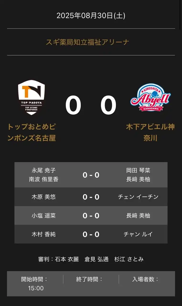 【卓球のＴリーグ】 ノジマＴリーグ 2025-2026シーズン 公式戦 8月30日開催 トップおとめピンポンズ名古屋 vs 木下アビエル神奈川 対戦オーダー発表 by PR TIMES