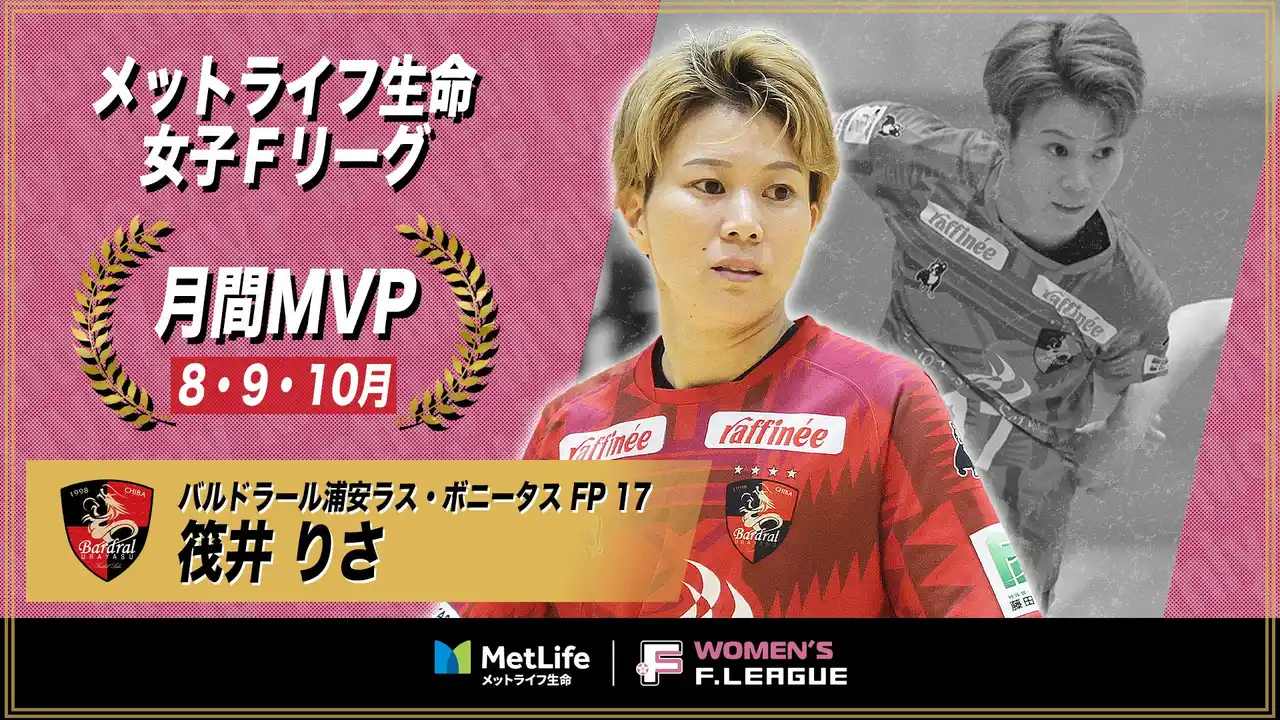 【一般社団法人日本フットサルトップリーグ】 筏井りさ（浦安）が8・9・10月の月間MVPに！第6節～第14節｜2025年8月2日～2025年10月5日【メットライフ生命女子Ｆリーグ2025-26】