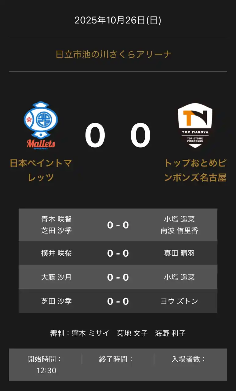 【卓球のTリーグ】 ノジマTリーグ 2025-2026 公式戦 10月26日開催 日本ペイントマレッツ vs トップおとめピンポンズ名古屋 対戦オーダー発表