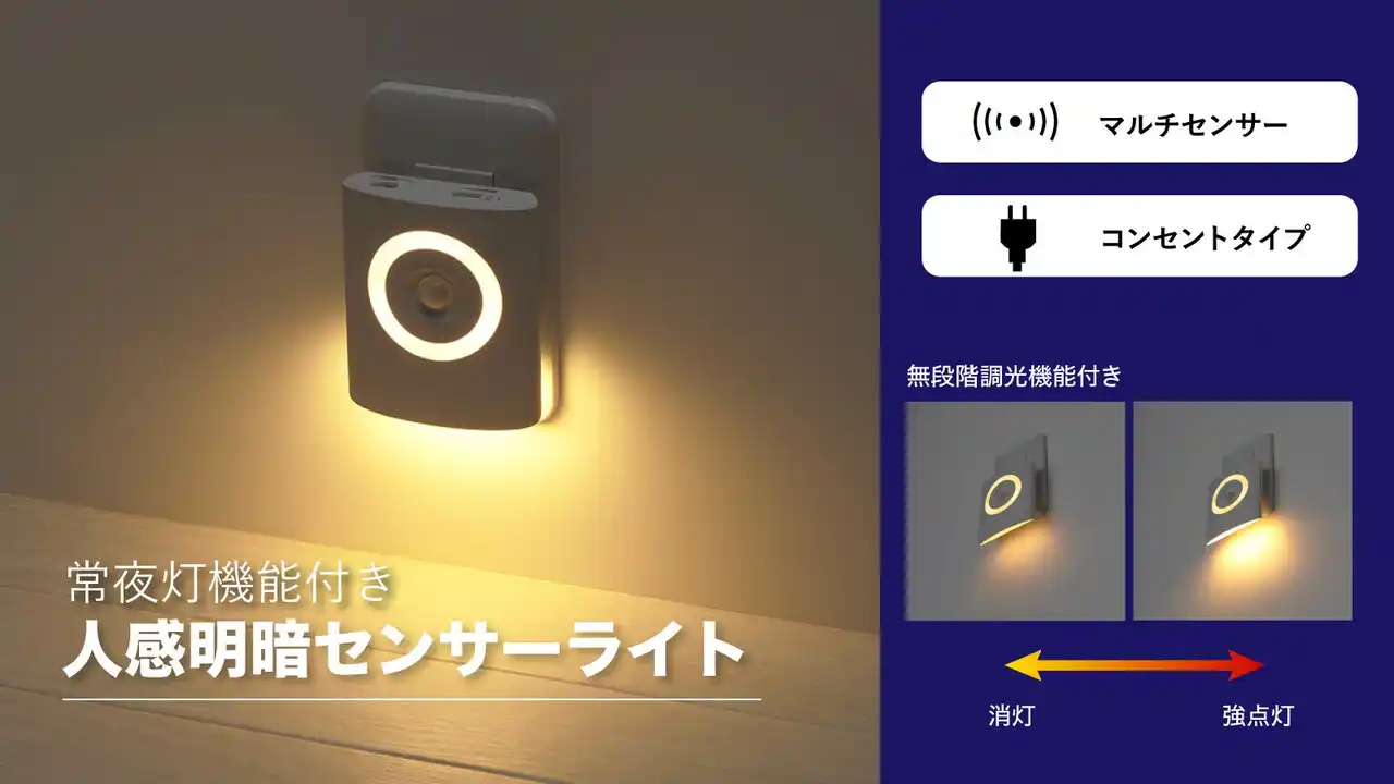【株式会社ヤザワコーポレーション】 常夜灯機能付き人感明暗センサーライトを発売。