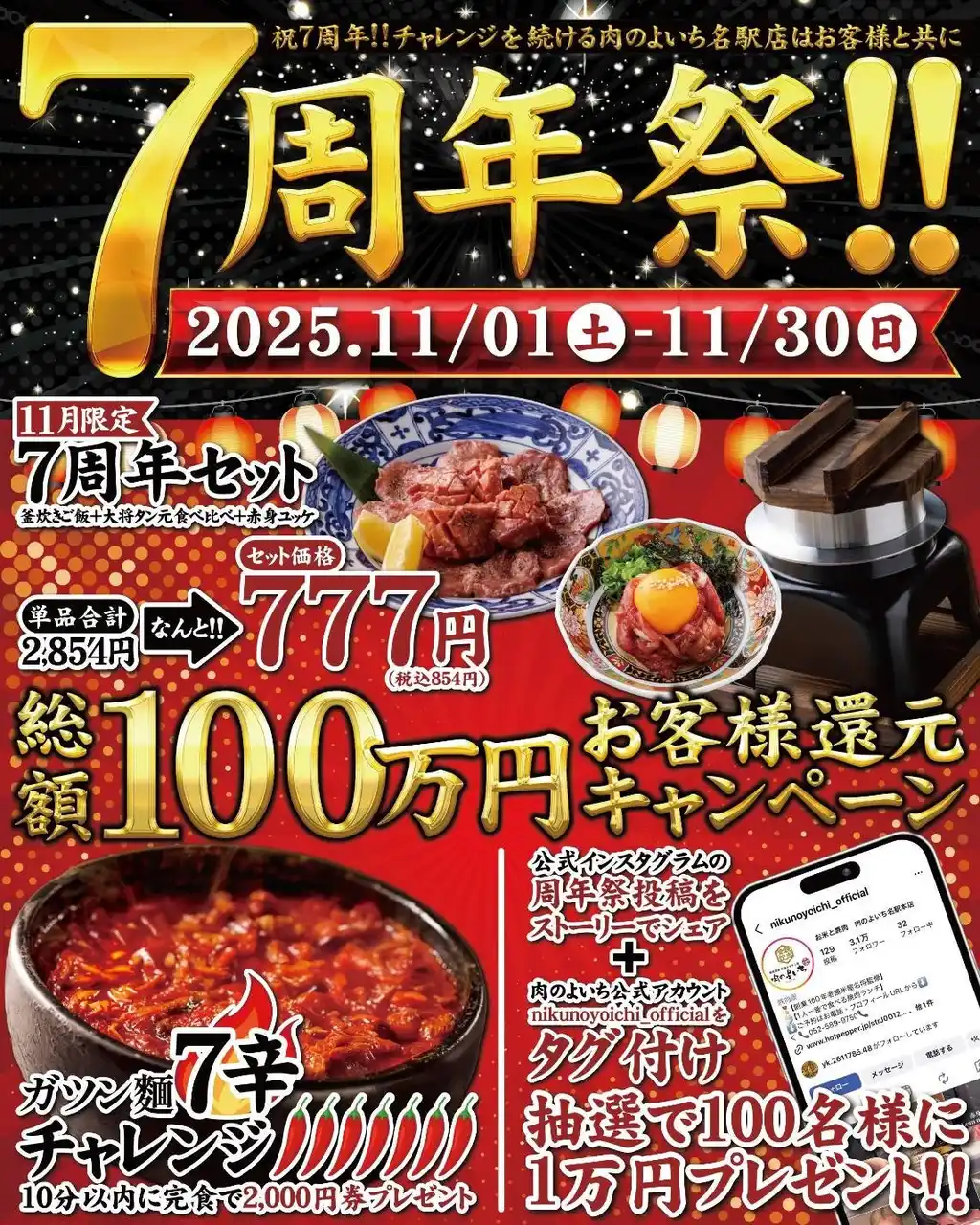 【株式会社Act Community】 豪華セット777円&総額100万円分のお食事券が当たる感謝祭を開催『肉のよいち 名駅本店』オープン7周年祭!11月1日(土)~11月30日(日)の1か月間限定