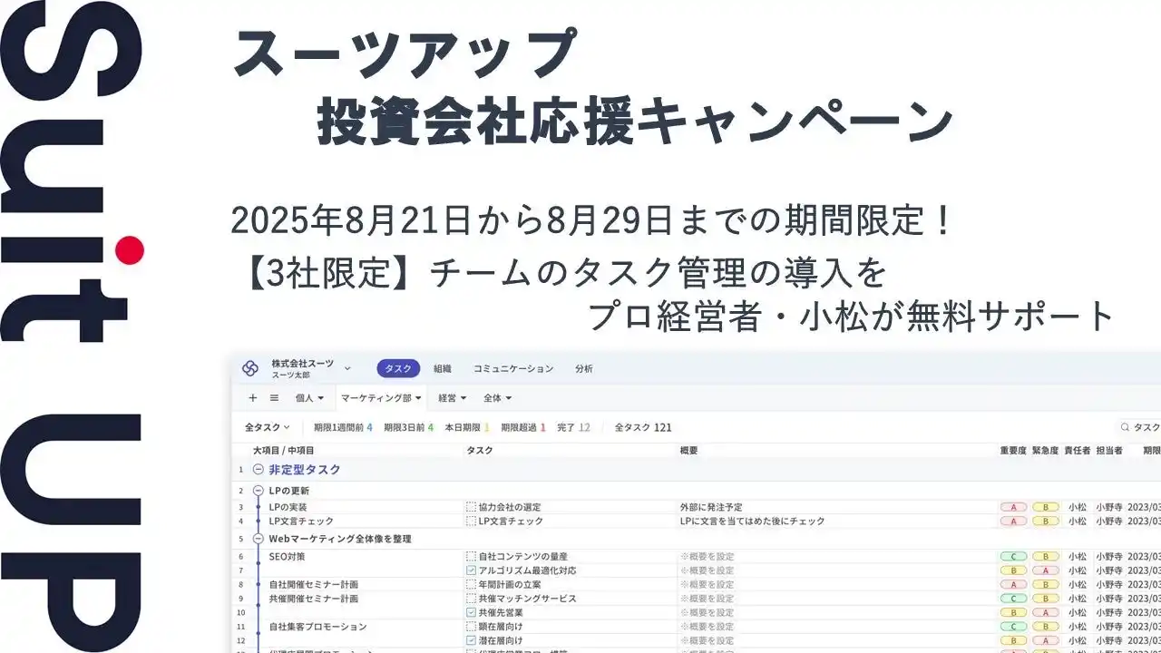 【スーツ】 チームのタスク管理・プロジェクト管理ツール「スーツアップ」、投資会社応援キャンペーン
