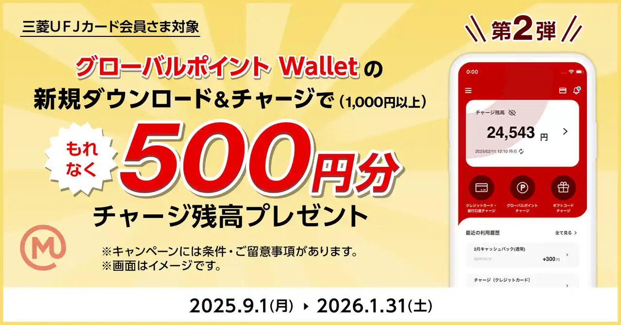 【三菱UFJニコス株式会社】 三菱UFJニコス、「グローバルポイント Wallet」の利用促進キャンペーン実施！三菱UFJカードなら最大1,500円分のチャージ残高をプレゼント！