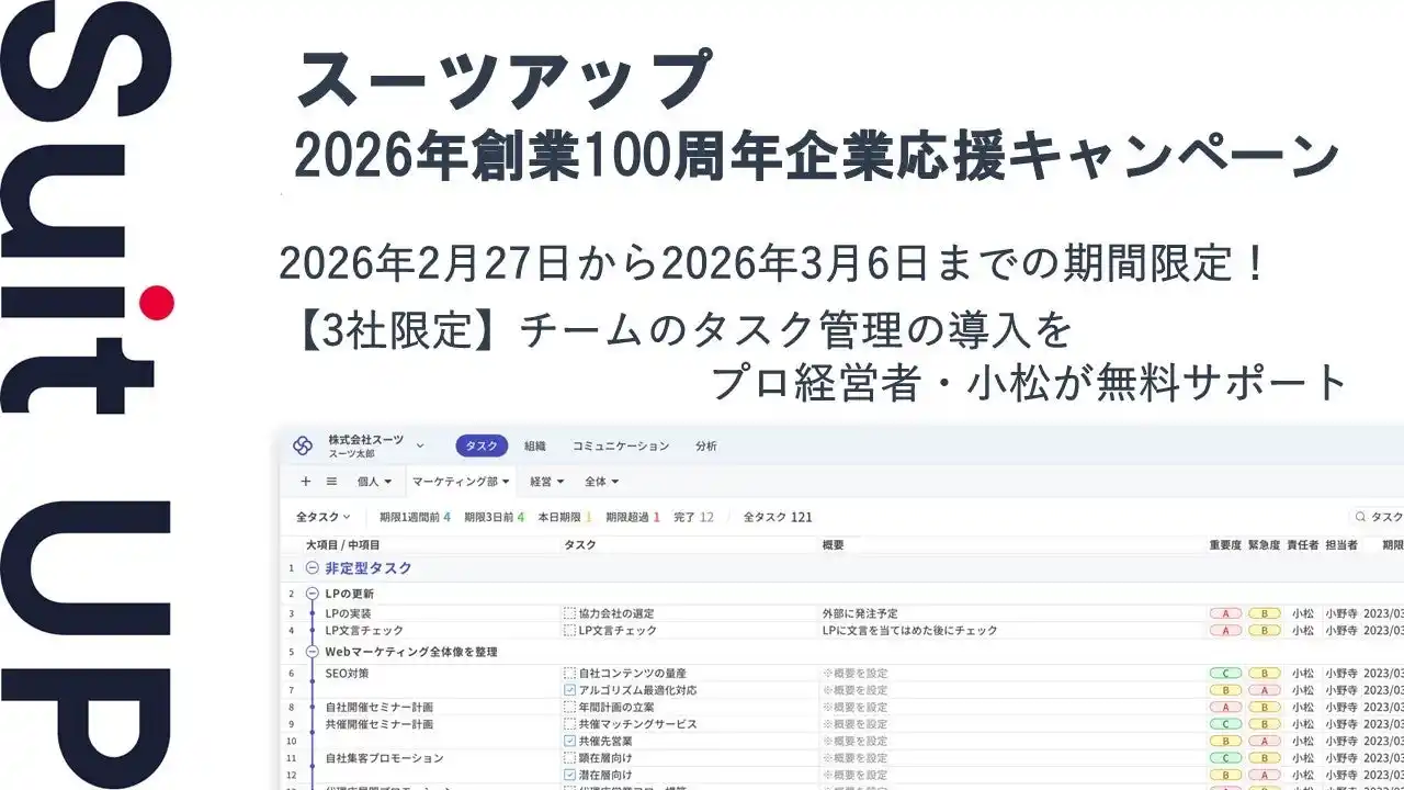 【スーツ】 AIタスク管理・プロジェクト管理ツール「スーツアップ」、2026年創業100周年企業応援キャンペーン