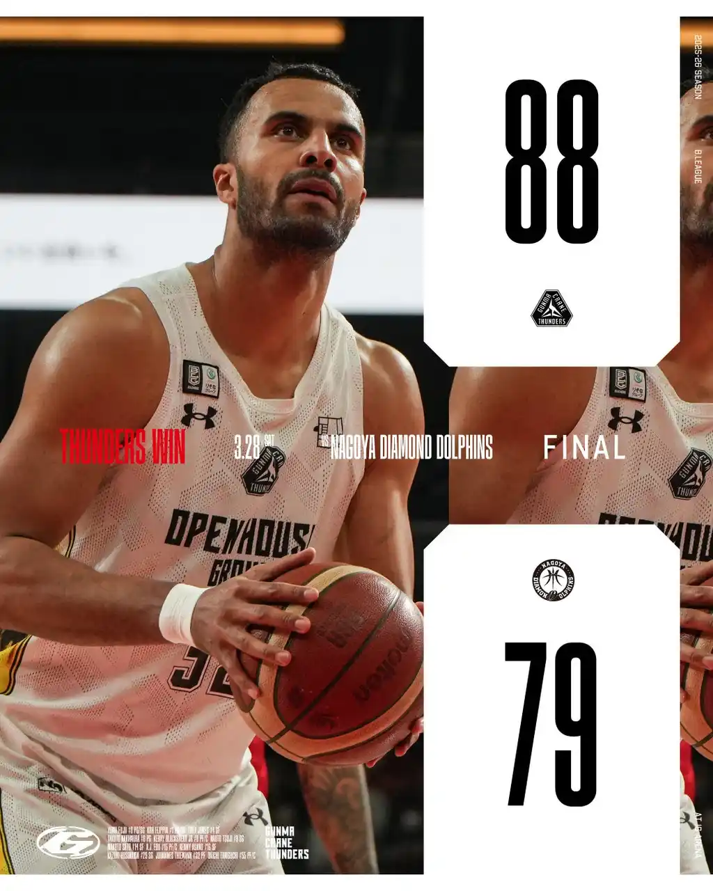 【群馬クレインサンダーズ：試合結果】3/28(土) vs 名古屋ダイヤモンドドルフィンズ りそなグループ B.LEAGUE 2025-26シーズン