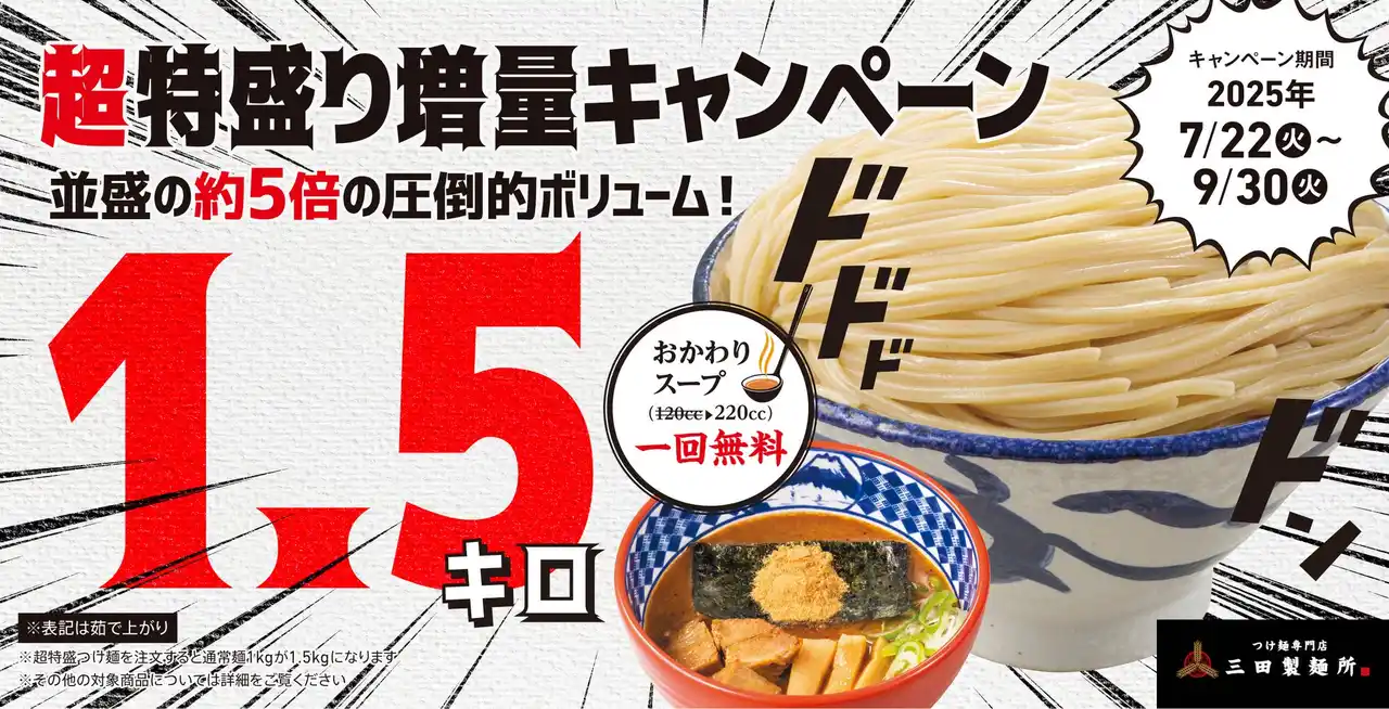 【三田製麺所からの挑戦状】1.5kgの衝撃再び！『超特盛りキャンペーン＆油そば大盛無料キャンペーン』を同時開催！