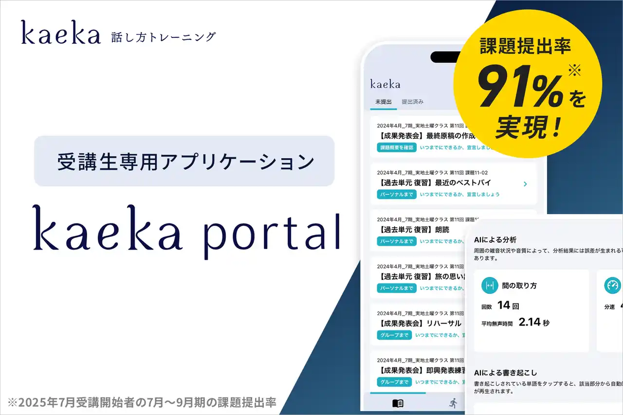 【株式会社カエカ】 kaekaの受講生専用アプリケーション 「kaeka portal」 、自走できる学びをデザインし、課題提出率91％を実現