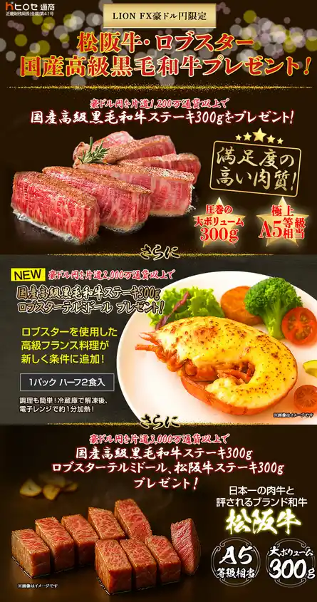 【ヒロセ通商株式会社】 LION FX豪ドル円限定 松阪牛・ロブスター・国産高級黒毛和牛プレゼント!を実施！