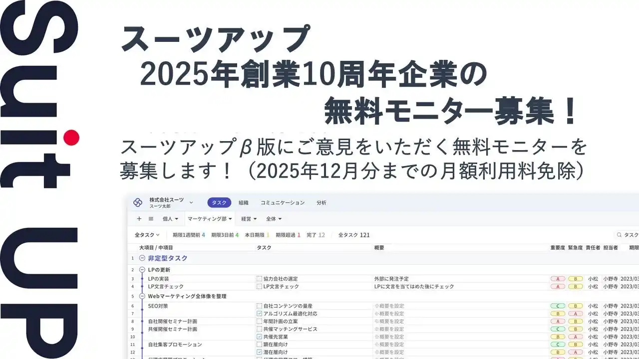 【スーツ】 チームのタスク管理・プロジェクト管理ツール「スーツアップ」、2025年創業10周年企業の無料モニター募集