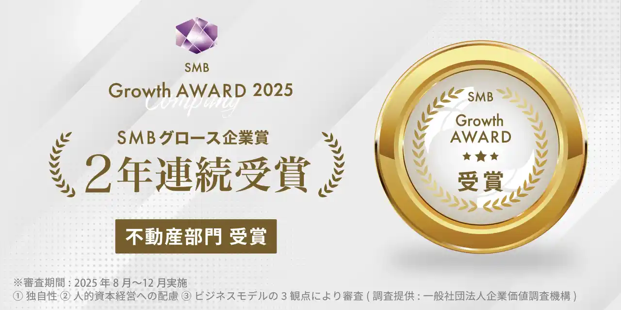 2年連続受賞!合同会社レクソル・レクソルカンパニーグループが、全国300万社の中から「2025年度SMB Growth 企業賞 不動産部門」に選出され受賞致しました。 コピー