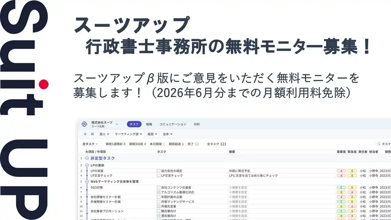 【スーツ】 AIタスク管理・プロジェクト管理ツール「スーツアップ」、行政書士事務所の無料モニター募集