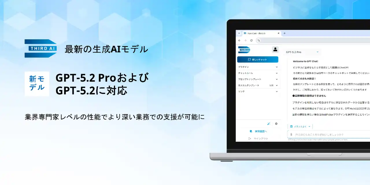 【JTP株式会社】 「Third AI 生成AIソリューション」、最新の生成AIモデル「GPT-5.2 Pro」および「GPT-5.2」に対応 ～業界専門家レベルの性能でより深い業務での支援が可能に～
