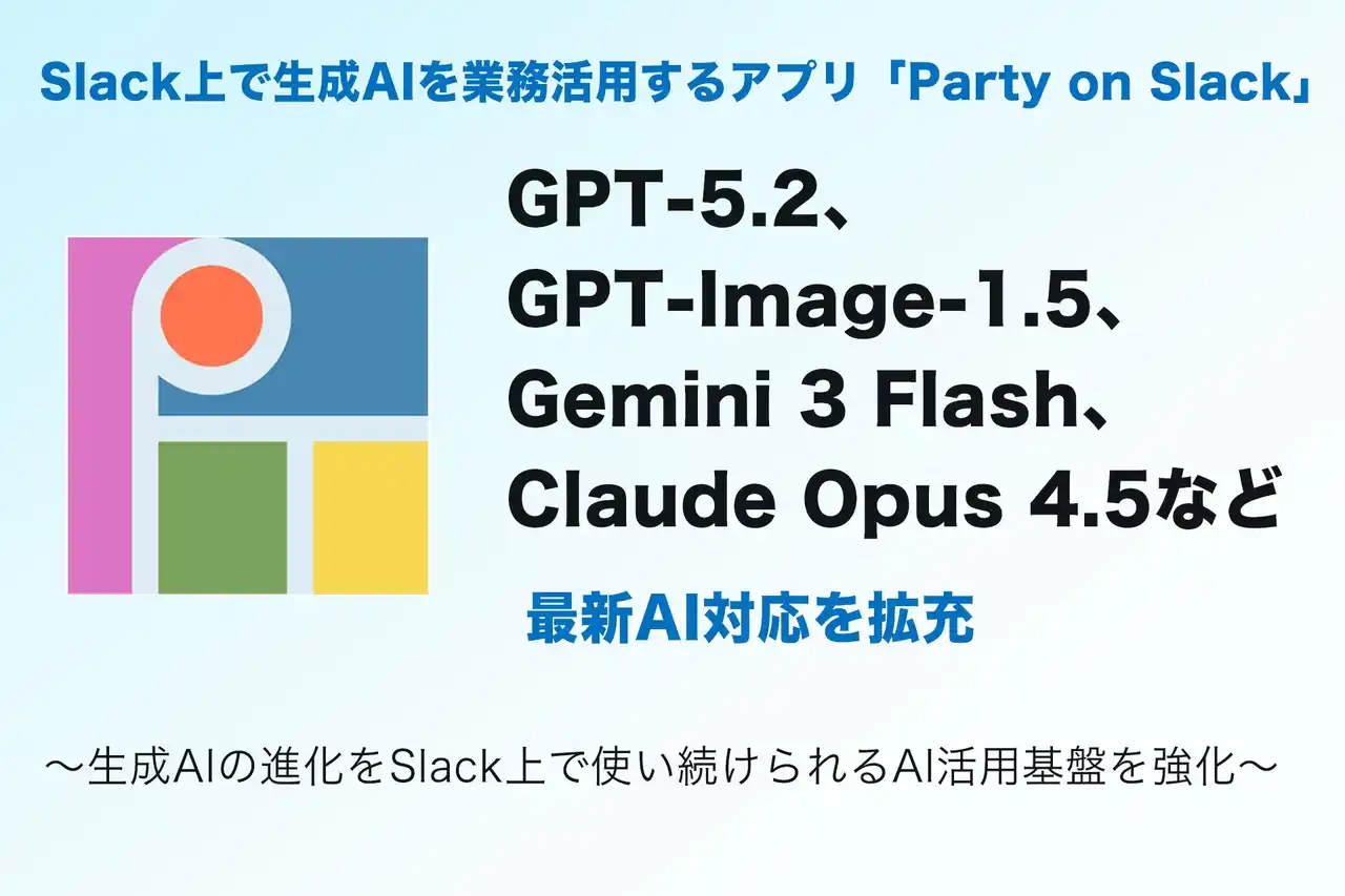 【株式会社リバネスナレッジ】 Slack上で生成AIを業務活用する「Party on Slack」、GPT-5.2、GPT-Image-1.5、Gemini 3 Flash、Claude Opus 4.5など最新AI対応を拡充