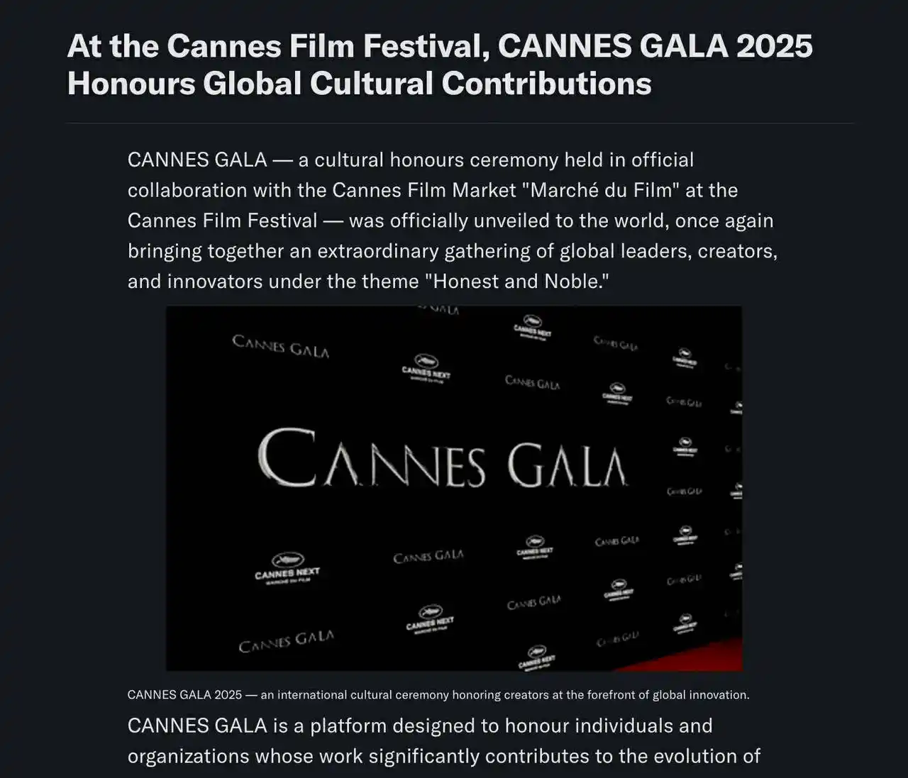カンヌ映画祭公認セレモニーCANNES GALA、一部情報を英語圏で公開