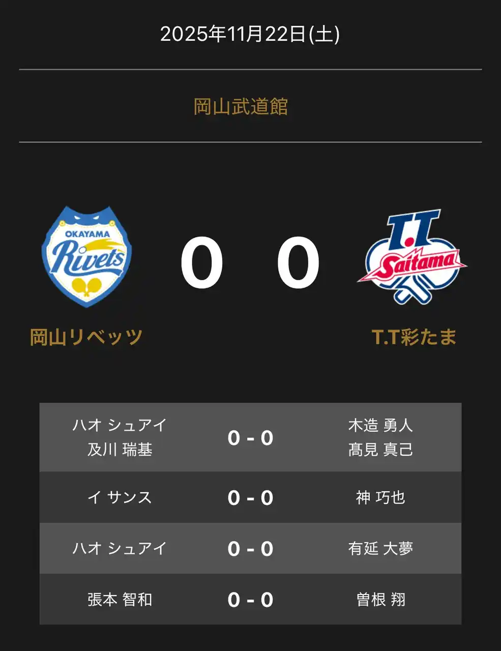 【卓球のＴリーグ】 ノジマＴリーグ 2025-2026シーズン 公式戦 11月22日開催 岡山リベッツ vs T.T彩たま 対戦オーダー発表