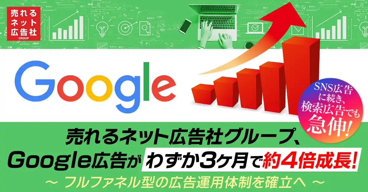 【売れるネット広告社グループ株式会社】 売れるネット広告社グループ、Google広告がわずか3ヶ月で約4倍成長！SNS広告に続き、検索広告でも急伸！～ フルファネル型の広告運用体制を確立へ ～
